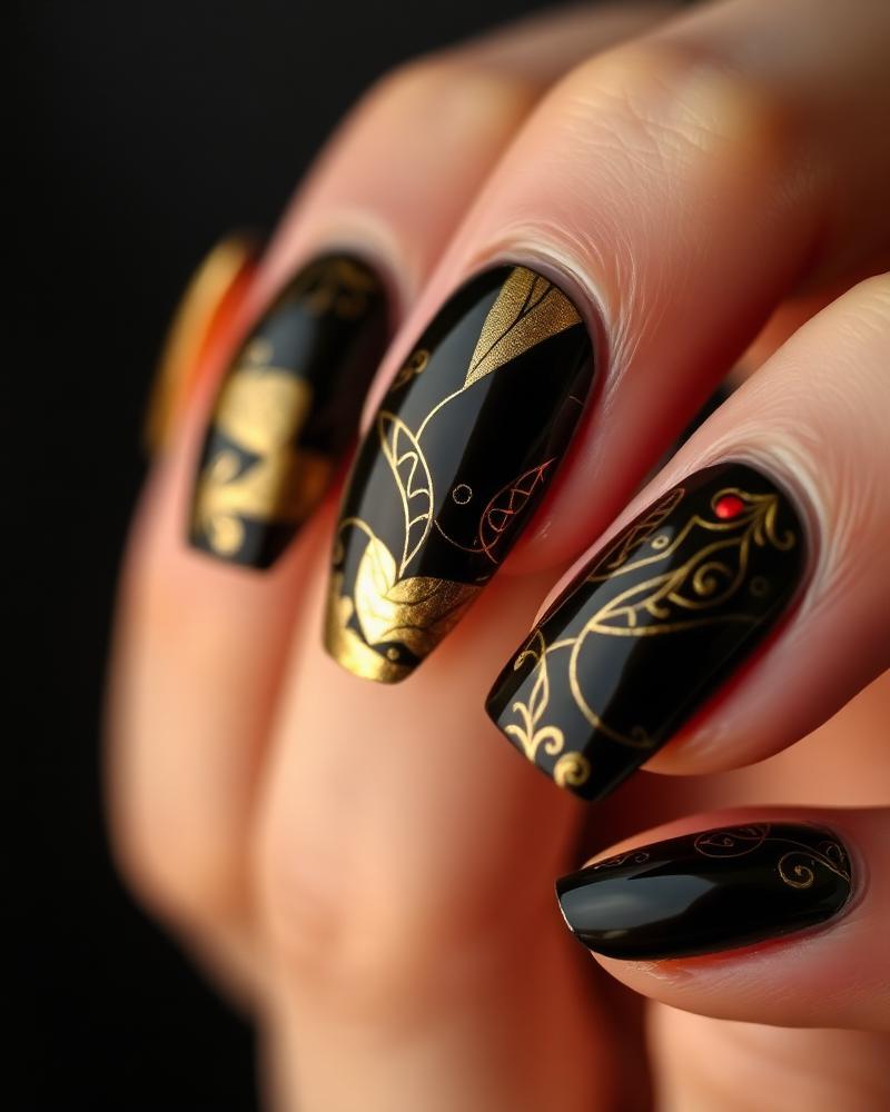 Nails pretas com arte em folha de ouro