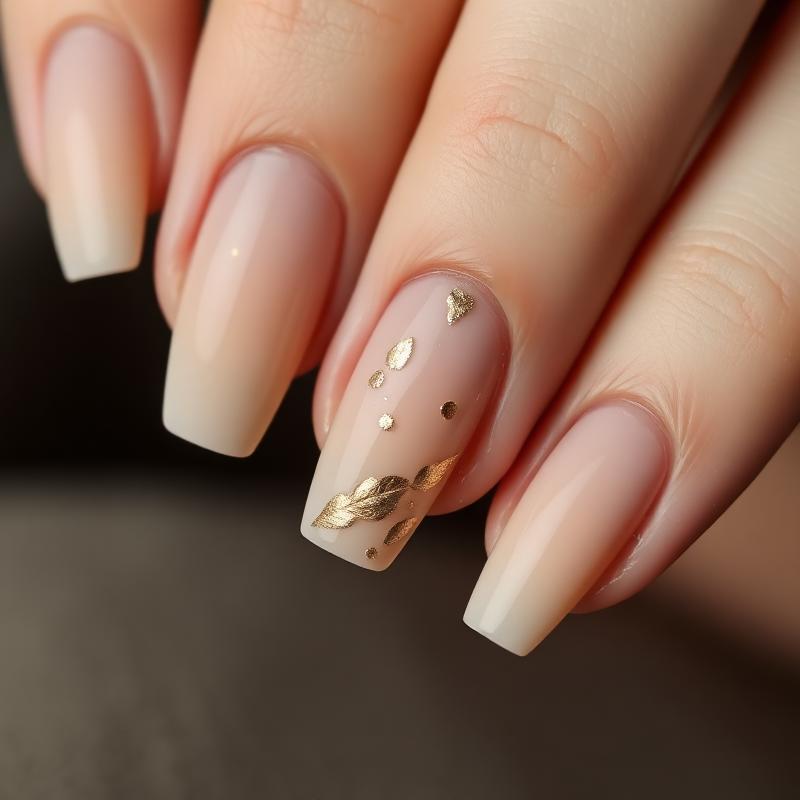 Nails nude com folha de ouro delicada